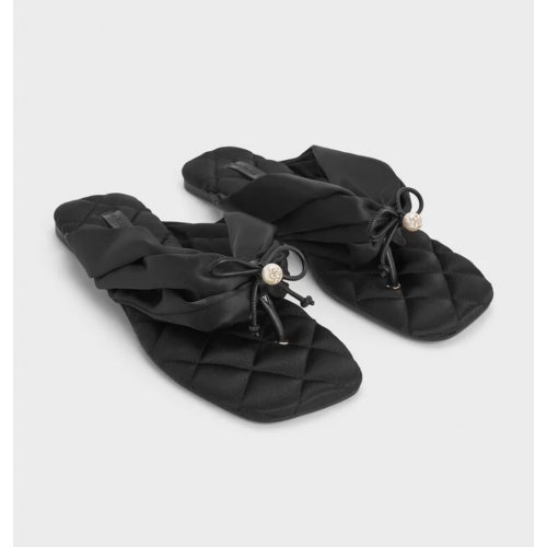  Satin Pearl-Accent Square-Toe Sandals - Black Textured 