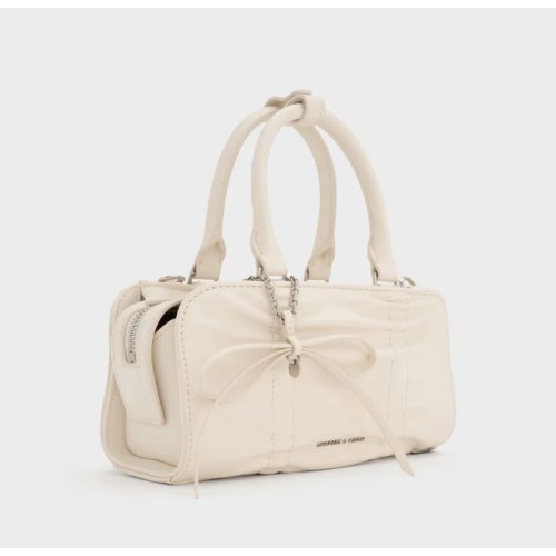 Kadee Ruched Bow-Charm Bowling Bag - Cream