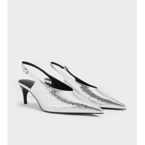  Metallic Crinkle-Effect Pointed-Toe High-Vamp Slingback Pumps - Silver 