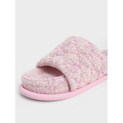  Dahlia Tweed Quilted Heart-Print Sandals - Pink 