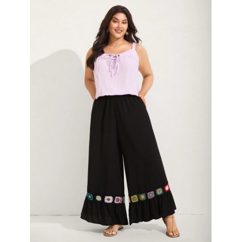  Stretchy Waist Crochet Floral Wide-Leg Pants