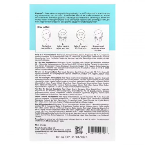  Idealove, Superfood Skin Savior Variety Pack, 7 Beauty Sheet Masks, 0.68 fl oz (20 ml) Each 