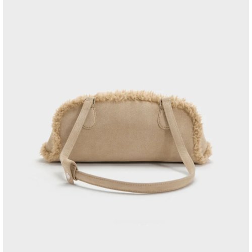 Nelly Recycled Suede & Faux Shearling Elongated Shoulder Bag - Nutmeg Beige