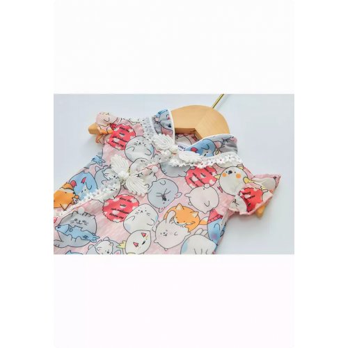 Purrfect Family Paws Baby Girl Pink Cats Cheongsam Bodysuit n Headwrap Set Family Wear 0821