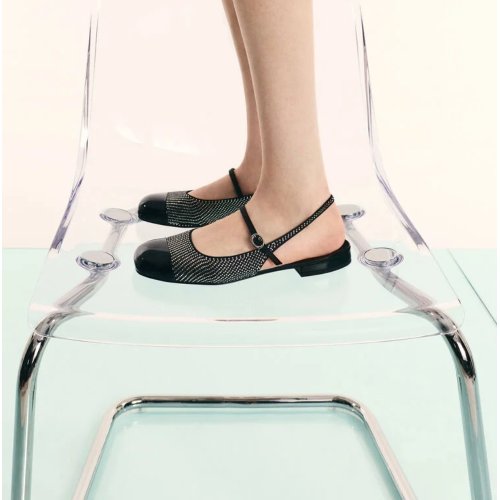 Pearl & Crystal-Embellished Cap-Toe Slingback Mary Jane Flats - Black Textured