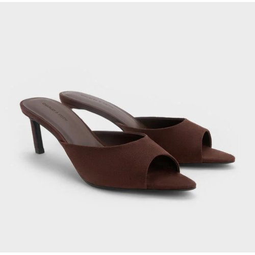 Faux Suede Pointed Peep-Toe Heeled Mules - Dark Brown