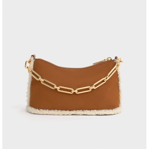  Robyn Faux Suede Fur-Trim Elongated Chain-Handle Bag - Brown 
