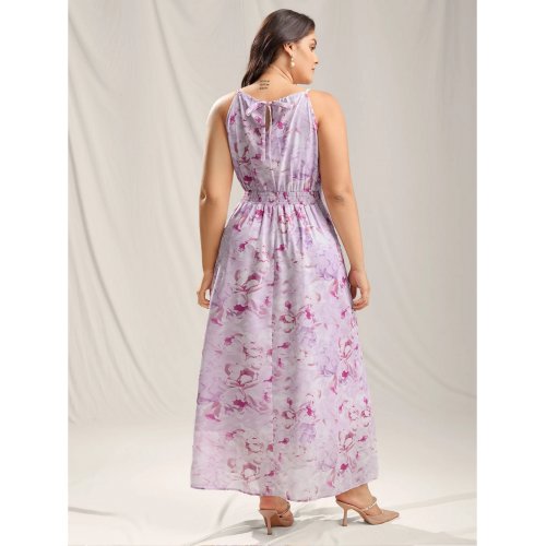  Floral Print Halter Neck Stretchy Midi Dress