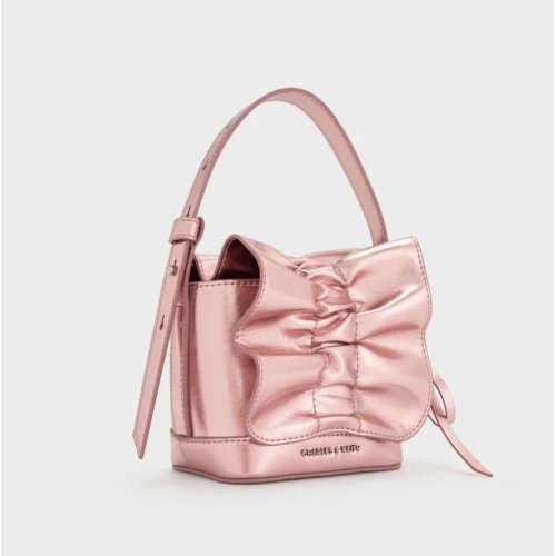 Kadee Metallic Bow-Charm Ruched Mini Bag - Aura Pink