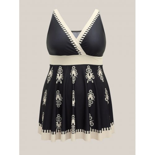  Boho Flower Print Surplice Swim Dress