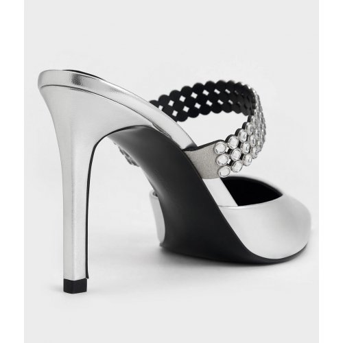  Patent Crystal-Embellished Heeled Mules - Silver 