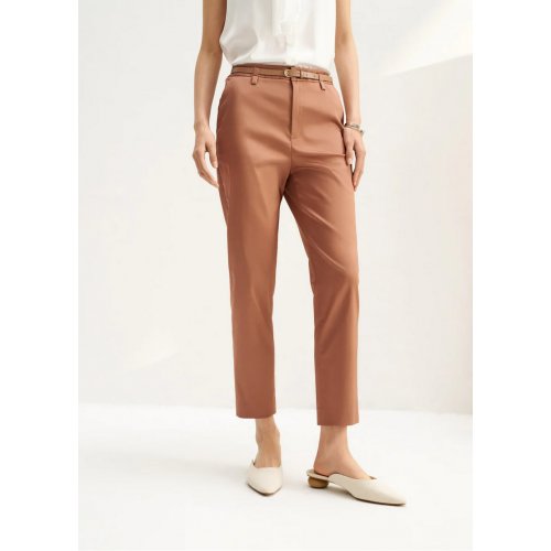 Stretchable Satin Cigarette Cropped Pants with Belt