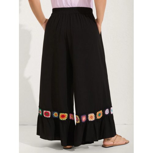  Stretchy Waist Crochet Floral Wide-Leg Pants
