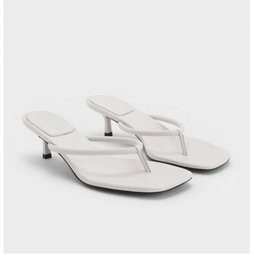  Square-Toe Kitten-Heel Thong Sandals - White 