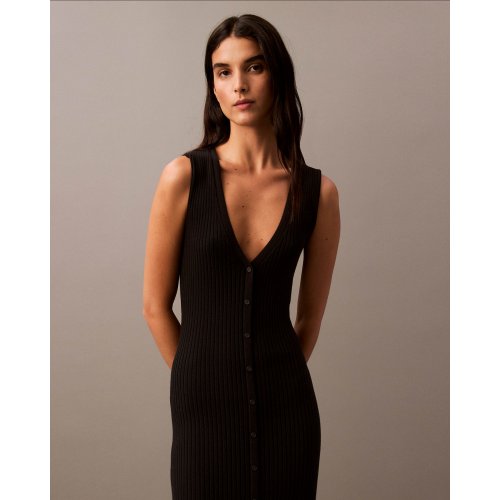 Smooth Cotton Rib Sweater Midi V-Neck Dress
