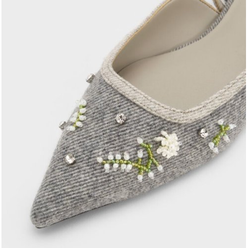  Twill Bead-Flower Pointed-Toe D'Orsay Mary Jane Flats - Grey