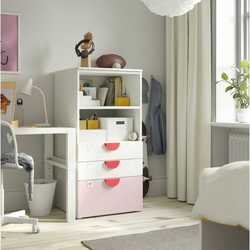 SMÅSTAD / PLATSA Bookcase, white pale pink/with 3 drawers