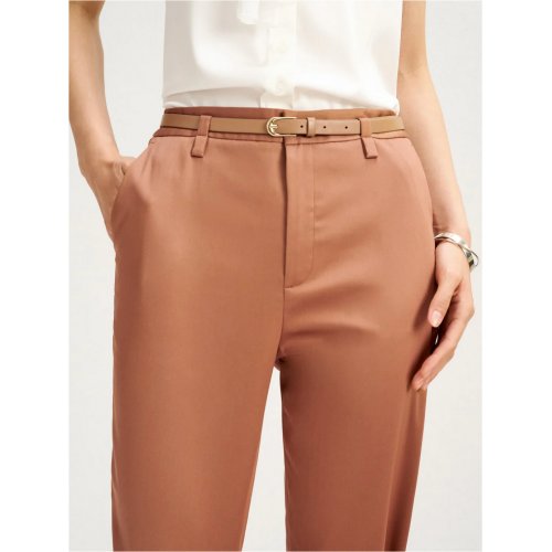 Stretchable Satin Cigarette Cropped Pants with Belt