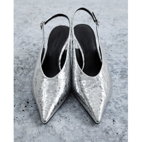  Metallic Crinkle-Effect Pointed-Toe High-Vamp Slingback Pumps - Silver 