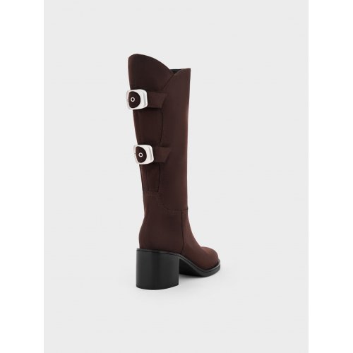  Masei Faux Suede Grommet-Strap Knee-High Boots - Dark Brown 