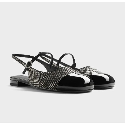 Pearl & Crystal-Embellished Cap-Toe Slingback Mary Jane Flats - Black Textured