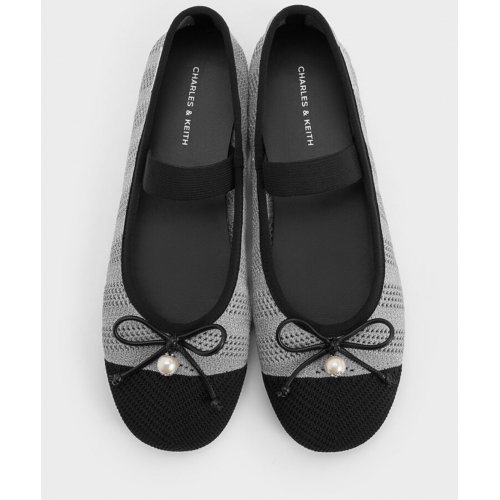  Knitted Pearl-Accent Bow Ballet Flats - Silver 