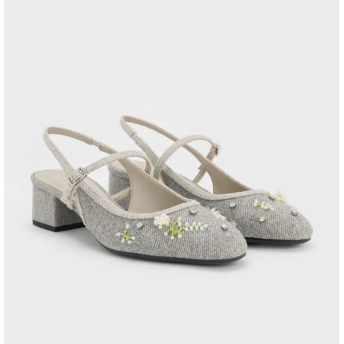  Twill Bead-Flower Block-Heel Slingback Mary Jane Pumps - Grey 