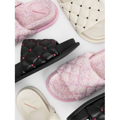  Dahlia Tweed Quilted Heart-Print Sandals - Pink 