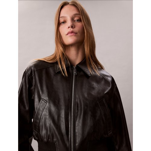 Cropped Faux Leather Bomber Jacket