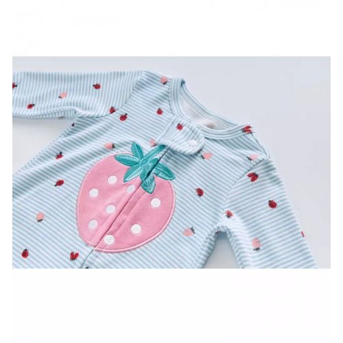 Little Kooma Baby Cotton Sleepsuit Blue Stripes Strawberry Two Way Zipper All In One Jumpsuit Feet Cover