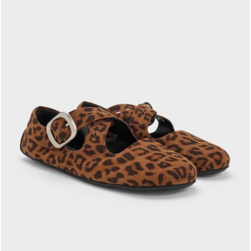 Faux Suede Leopard-Print Crossover-Strap Mary Janes - Animal Print Brown