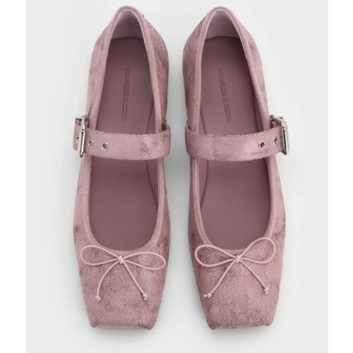  Myler Crinkle-Effect Bow Square-Toe Buckled Mary Janes - Pink 