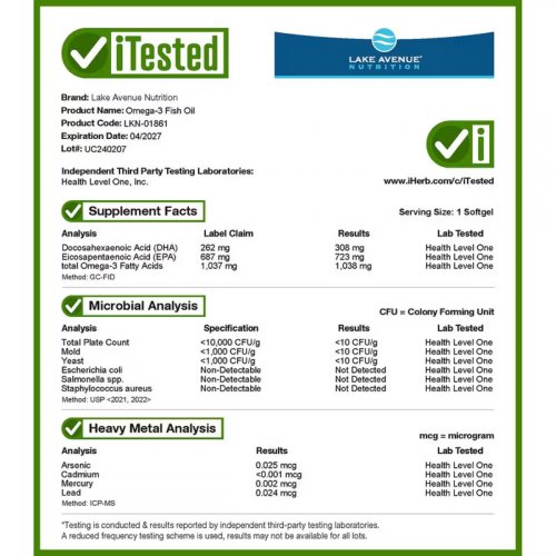 Lake Avenue Nutrition, Omega-3 Fish Oil, 30 Fish Gelatin Softgels (1,250 mg per Softgel) 