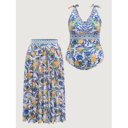  Two-Piece Citrus Print Sarong Swimsuit