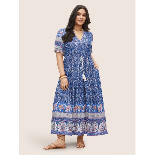 Boho Print Notched Ties Tassel Trim Dress