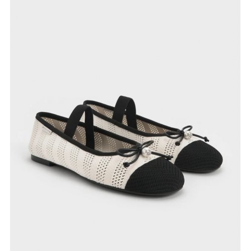  Knitted Pearl-Accent Bow Ballet Flats - Chalk 
