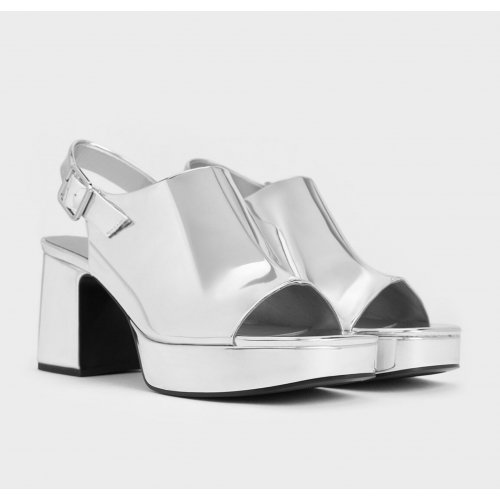  Metallic Peep-Toe Platform Sandals - Silver 