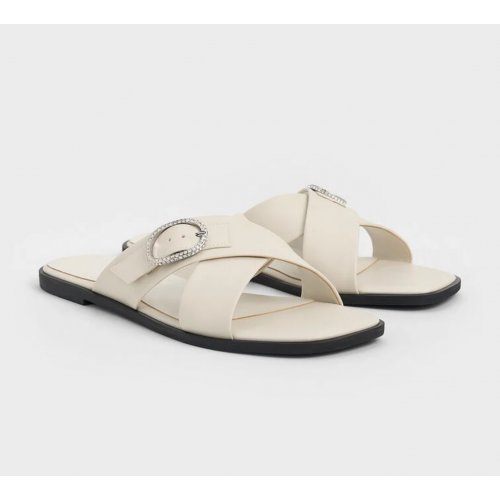  Crystal-Buckle Crossover-Strap Sandals - Chalk 