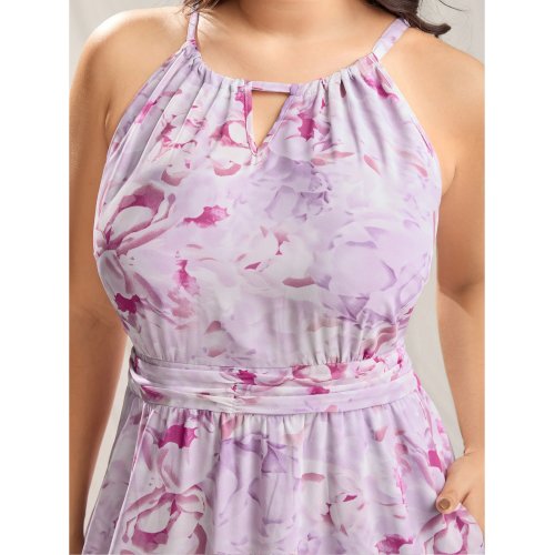  Floral Print Halter Neck Stretchy Midi Dress