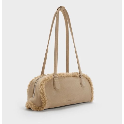 Nelly Recycled Suede & Faux Shearling Elongated Shoulder Bag - Nutmeg Beige