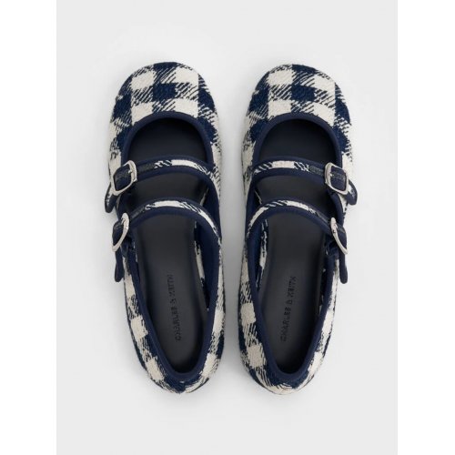  Checkered Double-Strap Mary Jane Flats - Dark Blue 