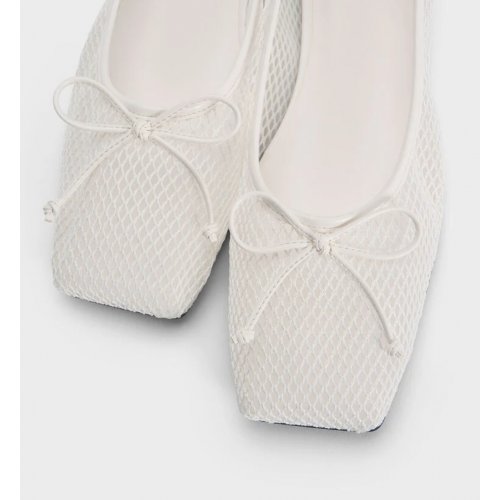  Mesh Square-Toe Bow Ballet Flats - White 