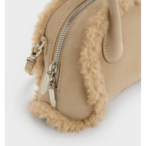 Nelly Recycled Suede & Faux Shearling Bowling Bag - Nutmeg Beige