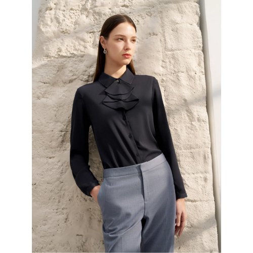 Crepe Shirt Collar Blouse with Detachable Scarf