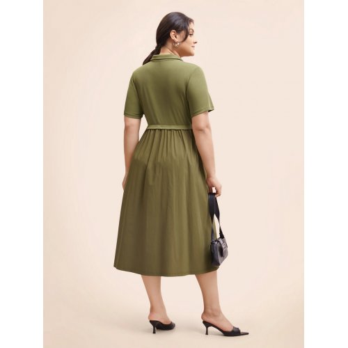  Stretch Woven Waist-Cinching Midi Dress