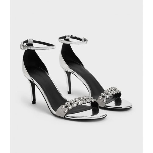  Metallic Crystal-Embellished Heeled Ankle-Strap Sandals - Silver 