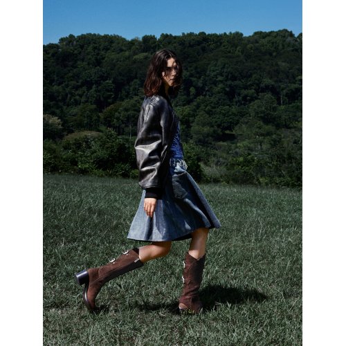  Masei Faux Suede Grommet-Strap Knee-High Boots - Dark Brown 