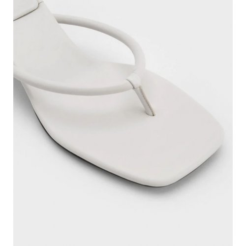  Square-Toe Kitten-Heel Thong Sandals - White 