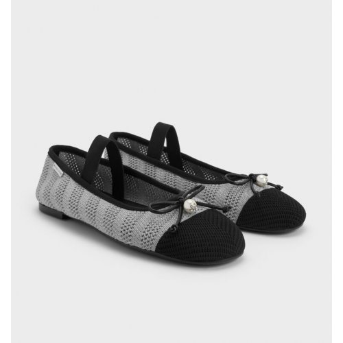  Knitted Pearl-Accent Bow Ballet Flats - Silver 