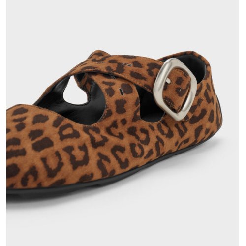 Faux Suede Leopard-Print Crossover-Strap Mary Janes - Animal Print Brown